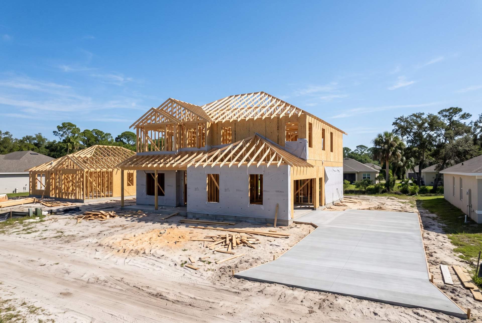 A two storey house under construction with framing and roof trusses up
