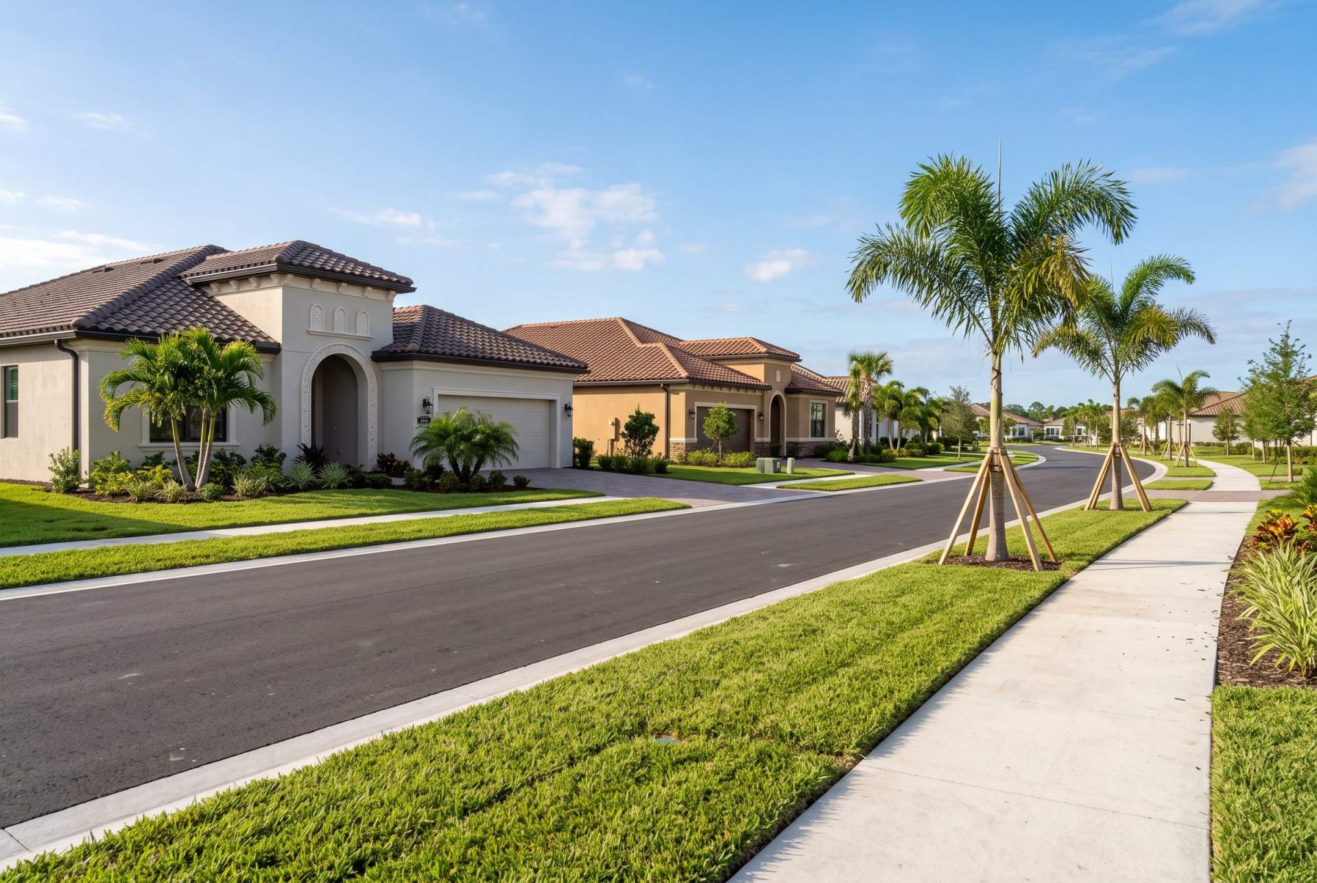 A newly finished residential street with fresh sod, new sidewalks and young palms