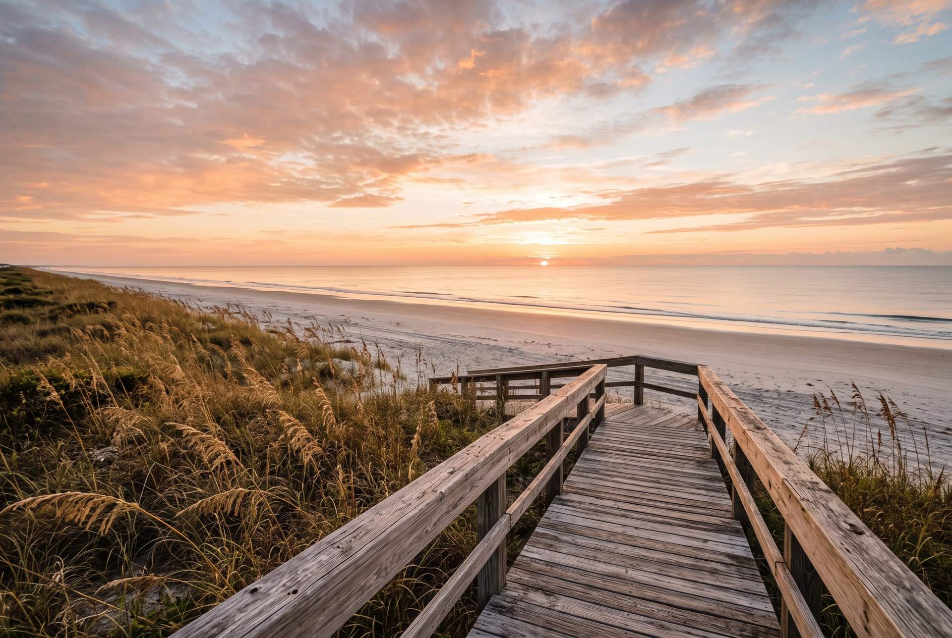 A timber dune walkover crossing sea oats onto a broad empty beach at sunrise