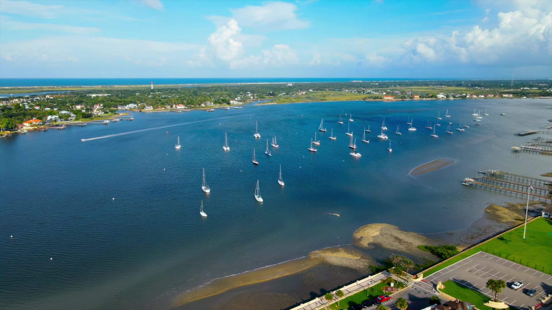 Aerial view of sailboats moored in the bay at St. Augustine