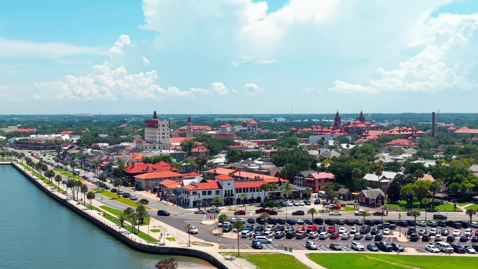 Aerial view of the St. Augustine bayfront and old town rooftops
