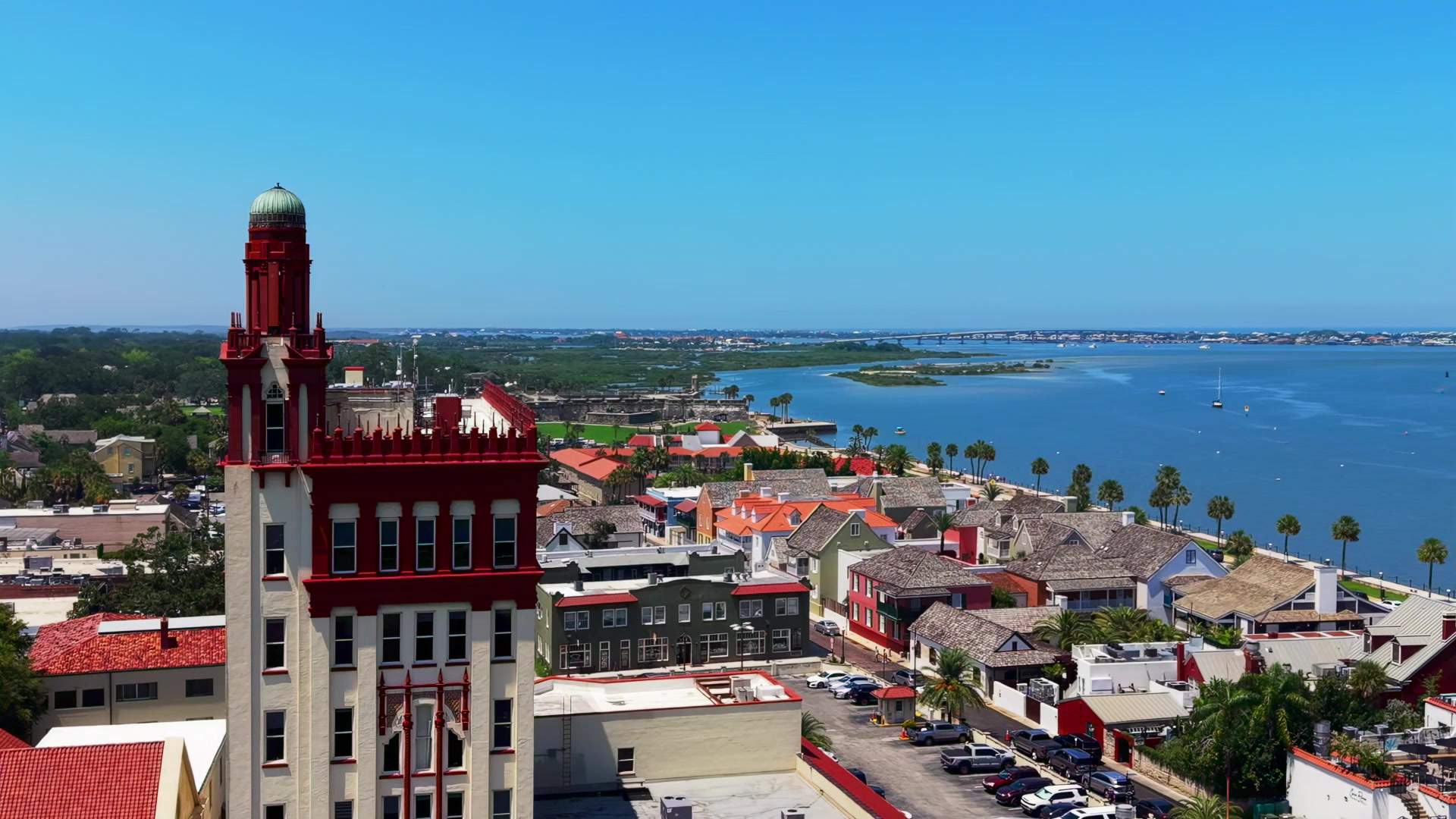 Aerial view over old town St. Augustine toward the bay