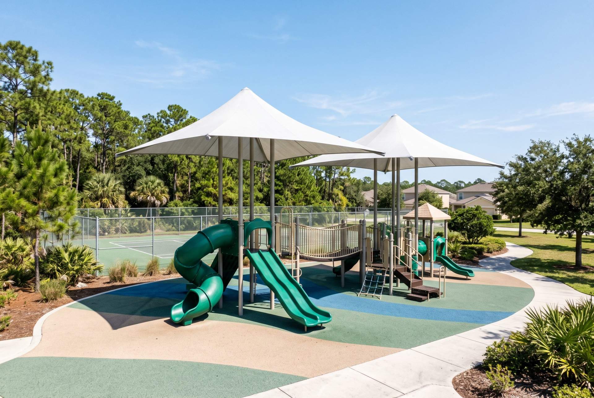 A community playground with slides beneath white peaked shade canopies