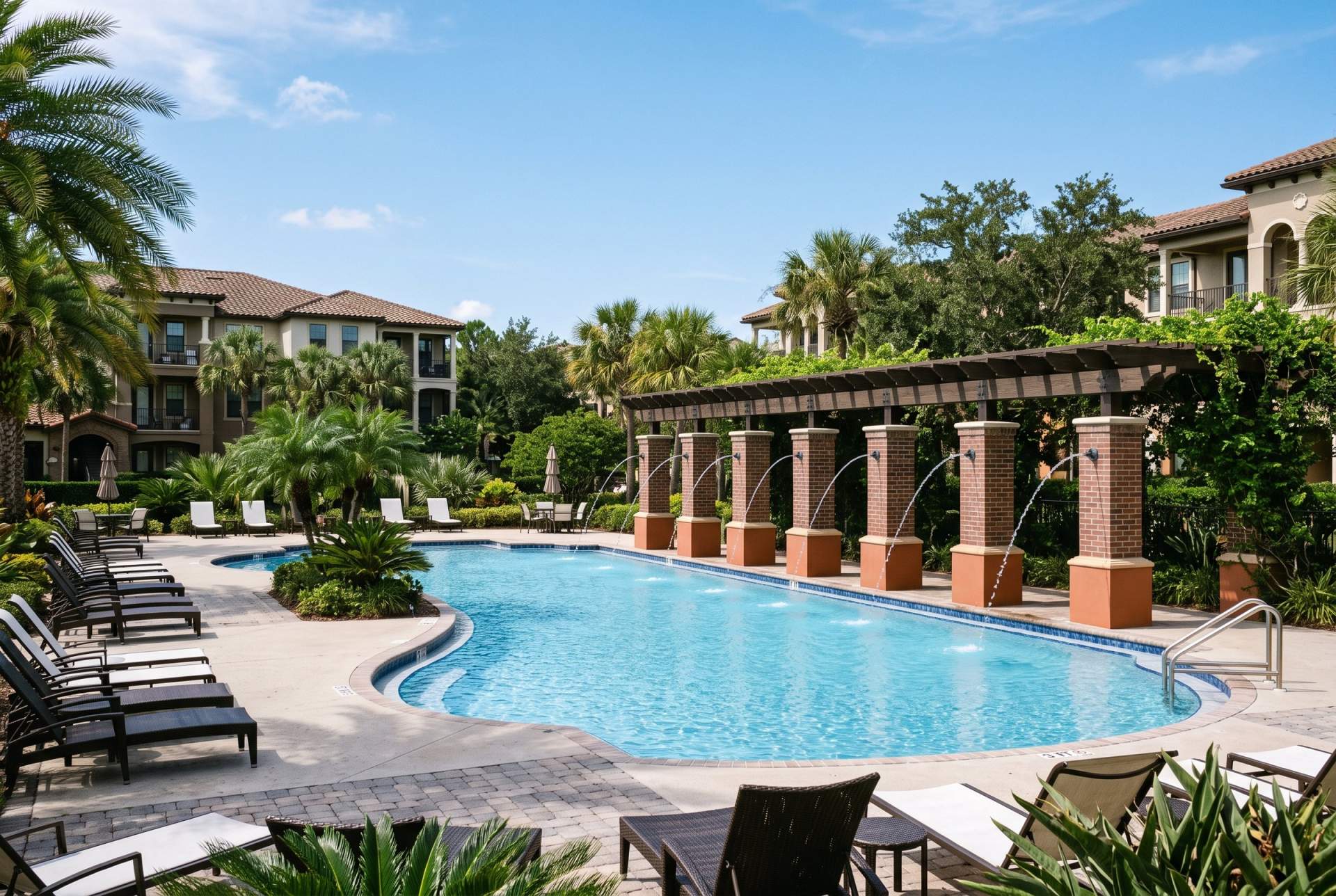 A resort style community pool with water jets falling from columns beneath a timber pergola