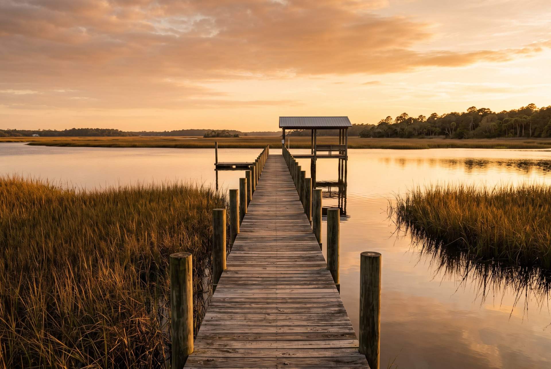A long timber dock reaching over calm water toward a covered dock house at golden hour