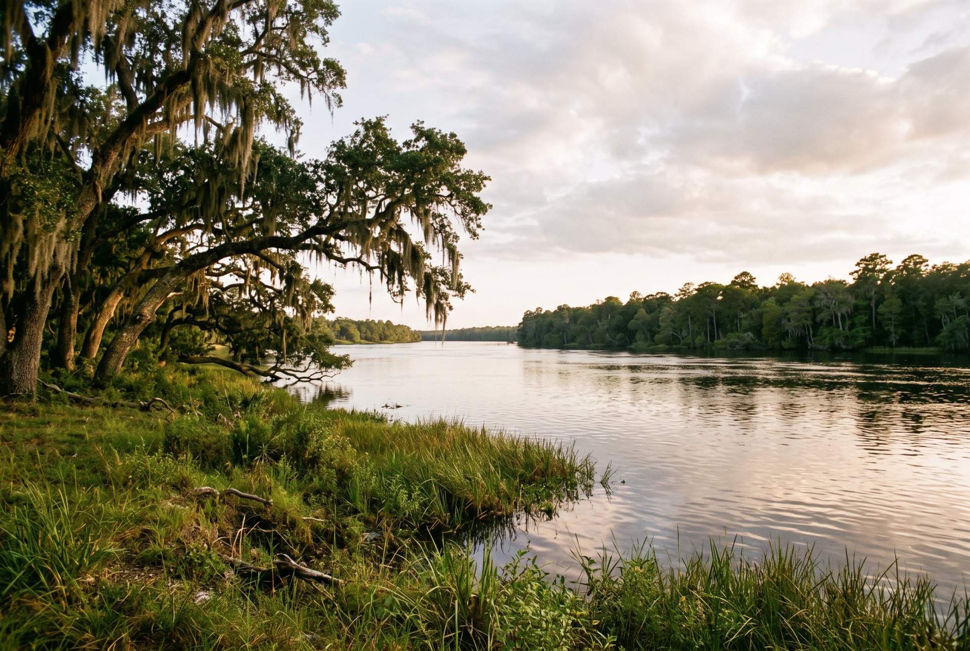 A broad slow river seen from a grassy bank framed by live oaks