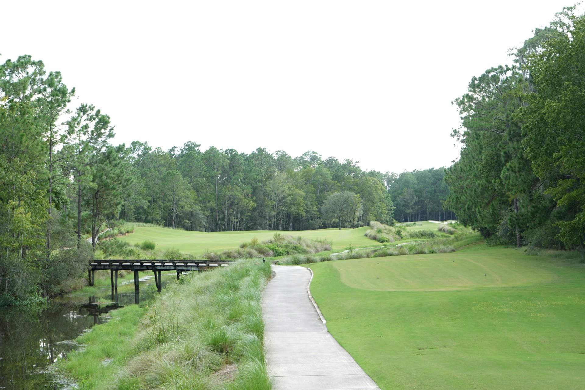 Golf cart path and wooden bridge beside a tee box in the World Golf Village area