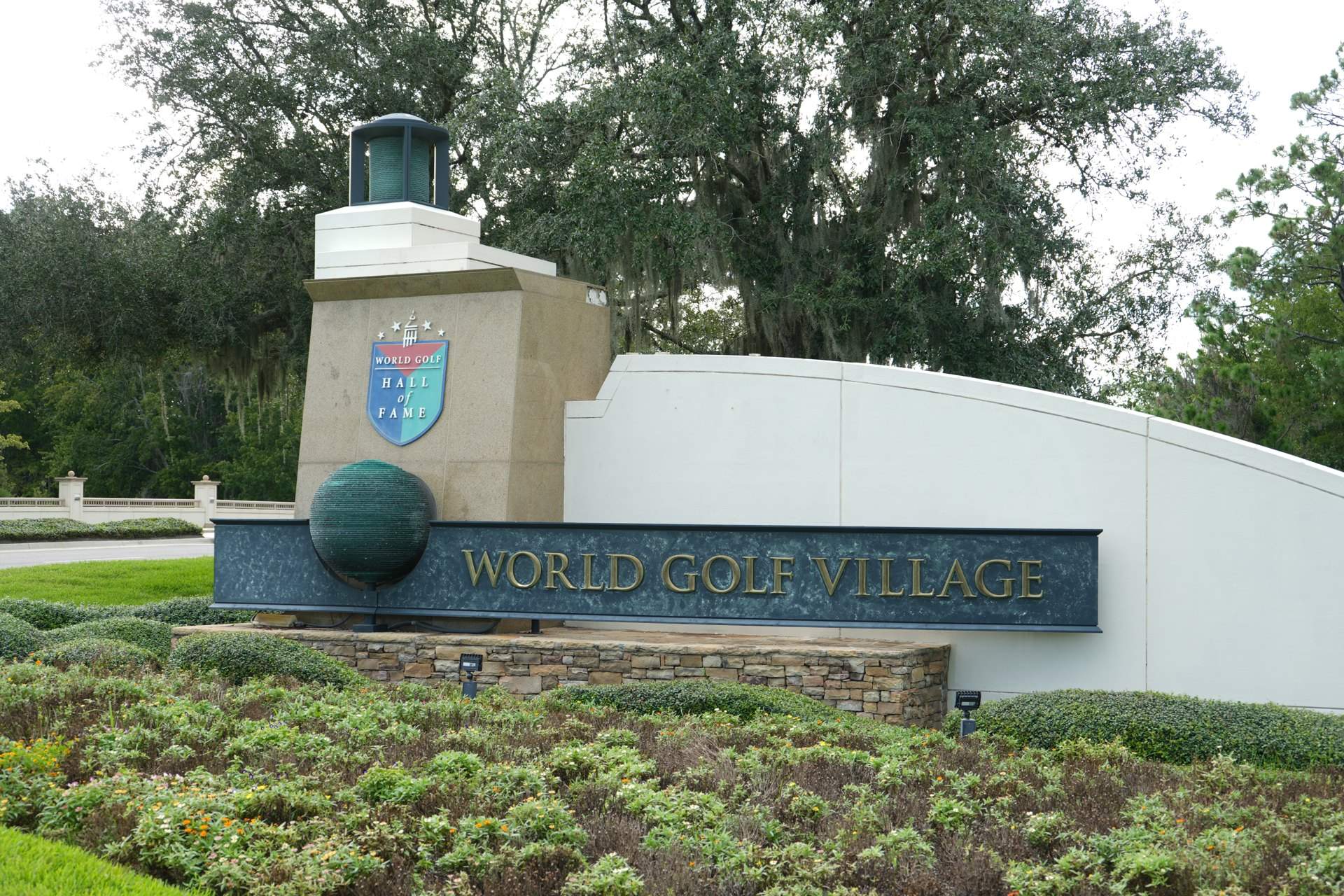World Golf Village entrance monument with its globe and signature wall