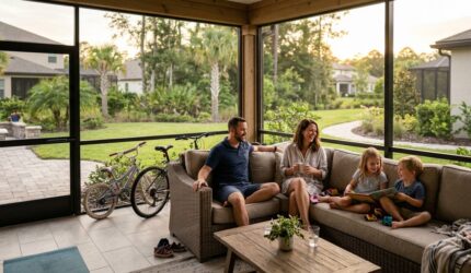 A young move-up family relaxing in a screened patio, representing the increased affordability of communities with no CDD fees.