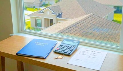 Insurance documents and calculator beside a Florida home with roof details in view.